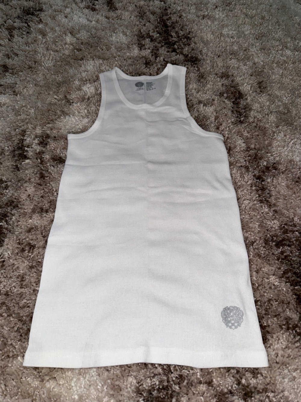 Vince Camuto White Ribbed Tank with Subtle Gray Logo
